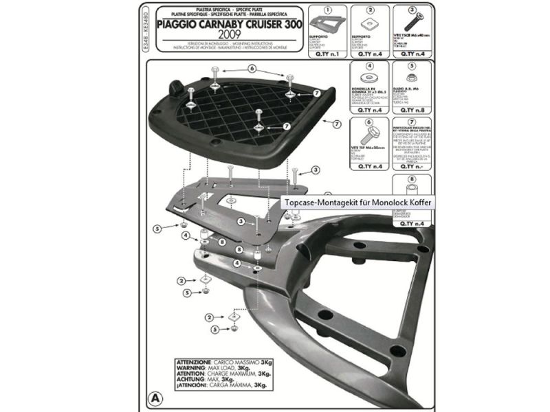 GIVI Kit de montage E pour top cases monolock Piaggio Carnaby 300 Cruiser (2009-)
