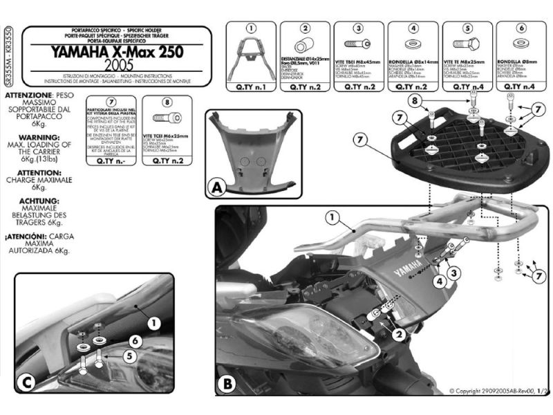 GIVI Monolock SR porte-bagages MBK Skycruiser 125 (2005-) Yamaha X-Max 125 / 250 (2005-2009)